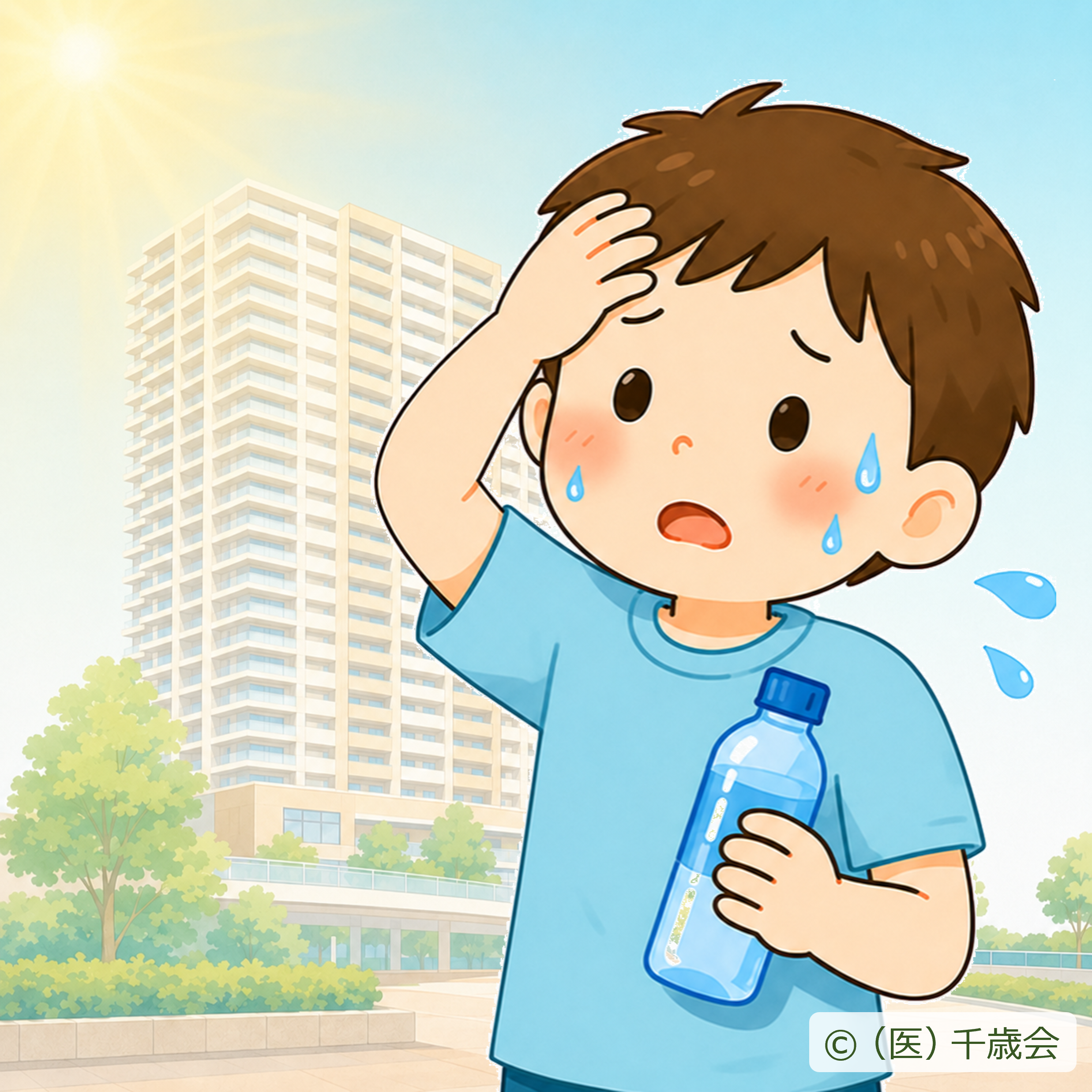 暑さで汗をかき、水分補給をしようとしている子どものイラスト